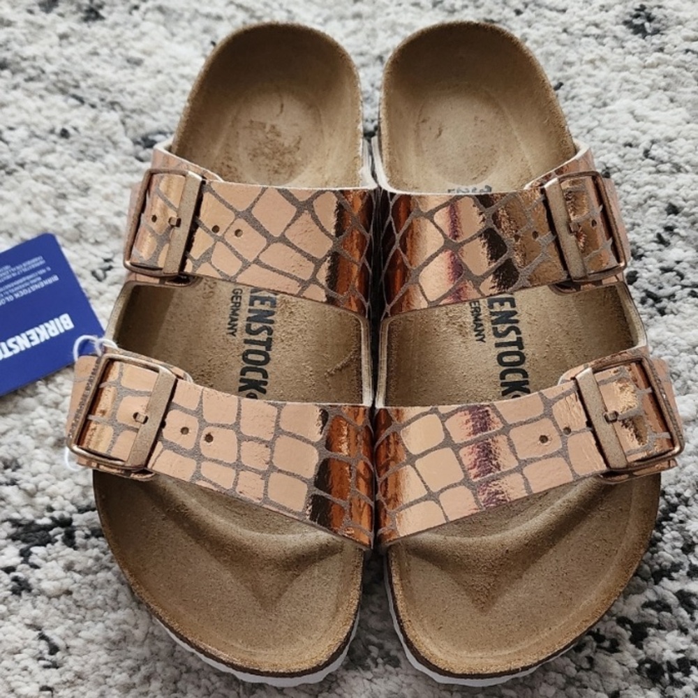 COPY - Birkenstock Womens Arizona Gleam Sandals Metallic Rose Gold.